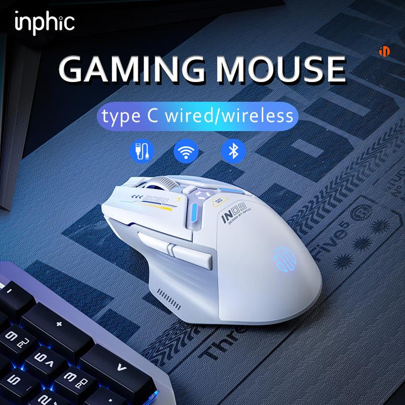 INPHIC IN9 Wireless Gaming Mouse, True Tri-Mode Bluetooth/Type-Cwired/2.4G Wireless Mouse, 10000 Dpl, Fully Programmable, RGB Backlit, Rechargeable Wireless Computer Mouse for Laptop PC Mac-White-Gray