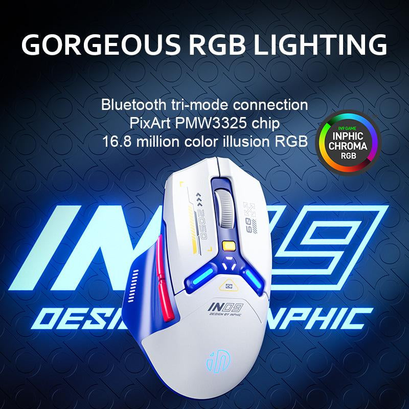 INPHIC IN9 Wireless Gaming Mouse, True Tri-Mode Bluetooth/Type-Cwired/2.4G Wireless Mouse, 10000 Dpl, Fully Programmable, RGB Backlit, Rechargeable Wireless Computer Mouse for Laptop PC Mac-White-Gray
