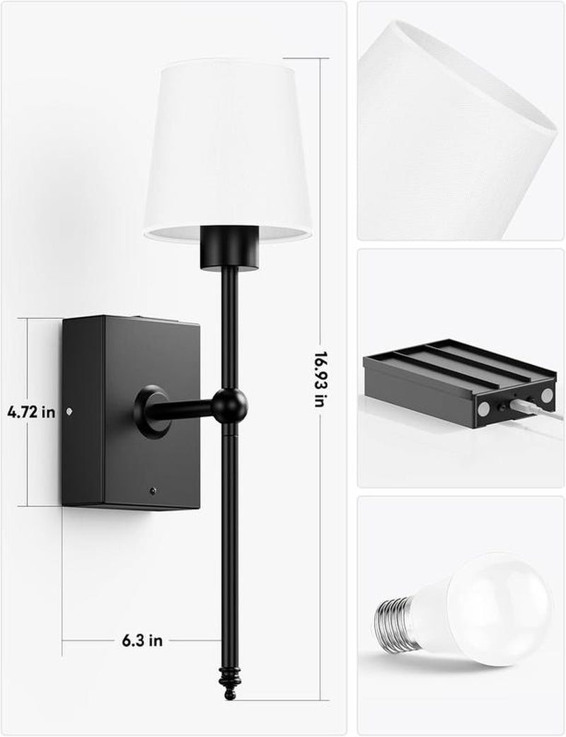 Remote-Controlled Wireless Wall Sconces, Rechargeable | Adjustable Brightness | Ambient Lighting, Set of 2 | White Fabric Shade, Indoor Wireless Lamp for Bedroom Living Room