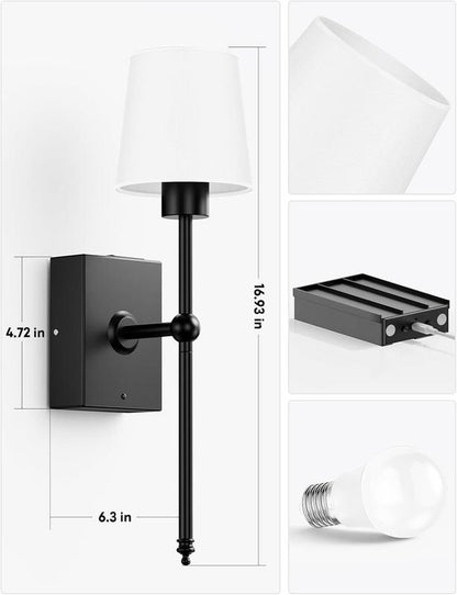 Remote-Controlled Wireless Wall Sconces, Rechargeable | Adjustable Brightness | Ambient Lighting, Set of 2 | White Fabric Shade, Indoor Wireless Lamp for Bedroom Living Room