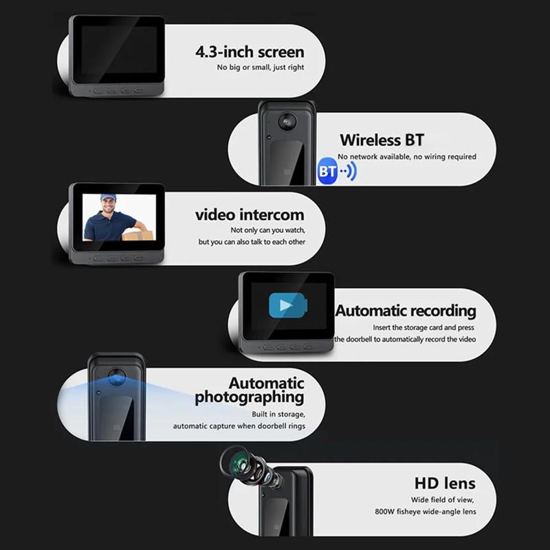 4.3 Inch IPS Screen Wireless Video Doorbell Camera, 2.4G Wireless Smart HD Video Monitoring Doorbell, Home Security Smart Doorbell Camera, Intercom, Safety, Modern