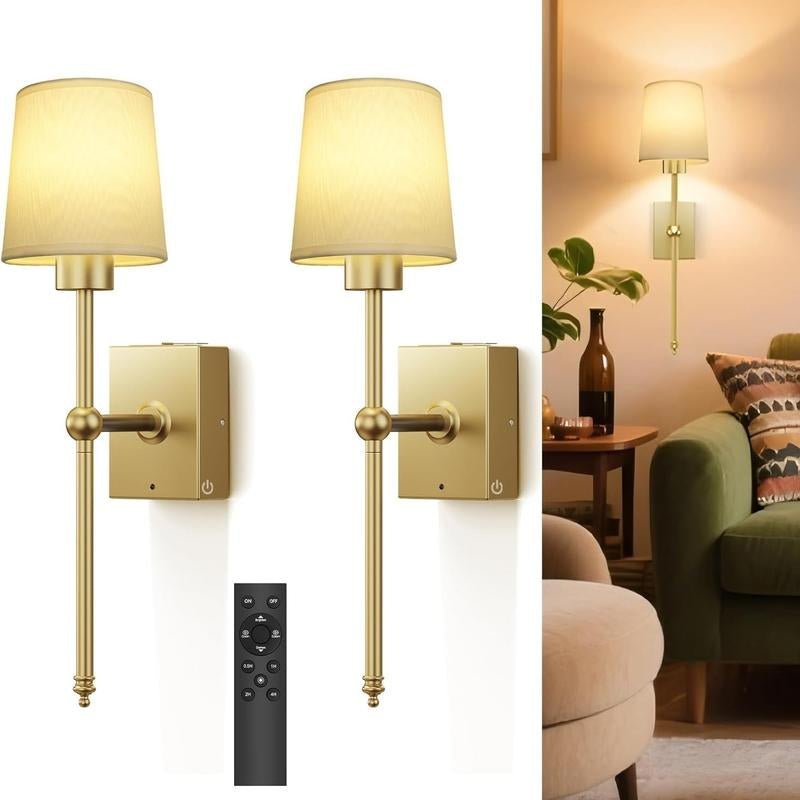 Remote-Controlled Wireless Wall Sconces, Rechargeable | Adjustable Brightness | Ambient Lighting, Set of 2 | White Fabric Shade, Indoor Wireless Lamp for Bedroom Living Room