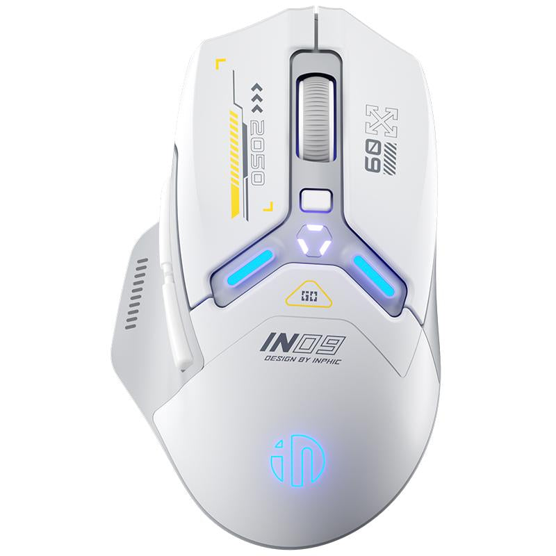 INPHIC IN9 Wireless Gaming Mouse, True Tri-Mode Bluetooth/Type-Cwired/2.4G Wireless Mouse, 10000 Dpl, Fully Programmable, RGB Backlit, Rechargeable Wireless Computer Mouse for Laptop PC Mac-White-Gray