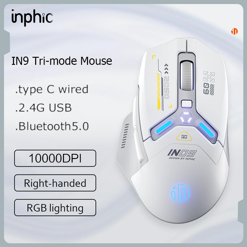 INPHIC IN9 Wireless Gaming Mouse, True Tri-Mode Bluetooth/Type-Cwired/2.4G Wireless Mouse, 10000 Dpl, Fully Programmable, RGB Backlit, Rechargeable Wireless Computer Mouse for Laptop PC Mac-White-Gray