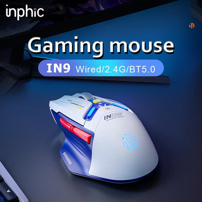 INPHIC IN9 Wireless Gaming Mouse, True Tri-Mode Bluetooth/Type-Cwired/2.4G Wireless Mouse, 10000 Dpl, Fully Programmable, RGB Backlit, Rechargeable Wireless Computer Mouse for Laptop PC Mac-White-Gray