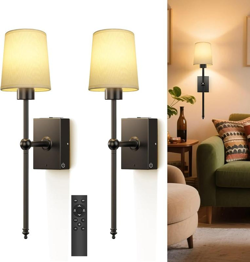 Remote-Controlled Wireless Wall Sconces, Rechargeable | Adjustable Brightness | Ambient Lighting, Set of 2 | White Fabric Shade, Indoor Wireless Lamp for Bedroom Living Room
