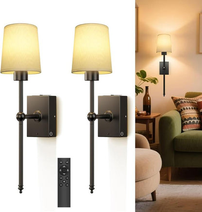 Remote-Controlled Wireless Wall Sconces, Rechargeable | Adjustable Brightness | Ambient Lighting, Set of 2 | White Fabric Shade, Indoor Wireless Lamp for Bedroom Living Room