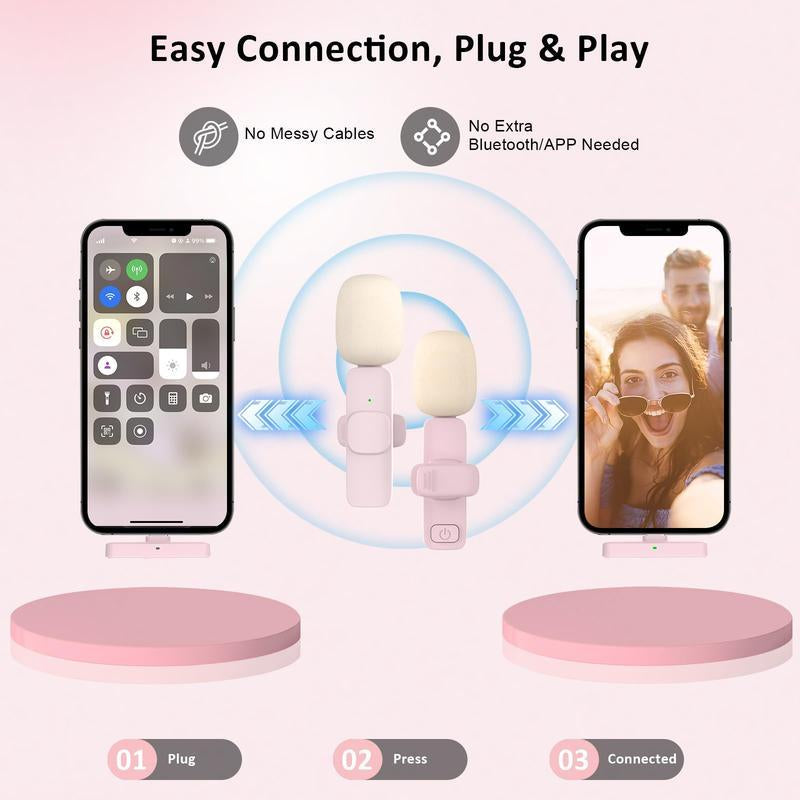 2 Pcs Wireless Lavalier Microphones for Iphone, Android, Ipad - Mini Wireless Clip-On Microphones Crystal Clear Sound Quality for Recording, Live Streaming,Vlog