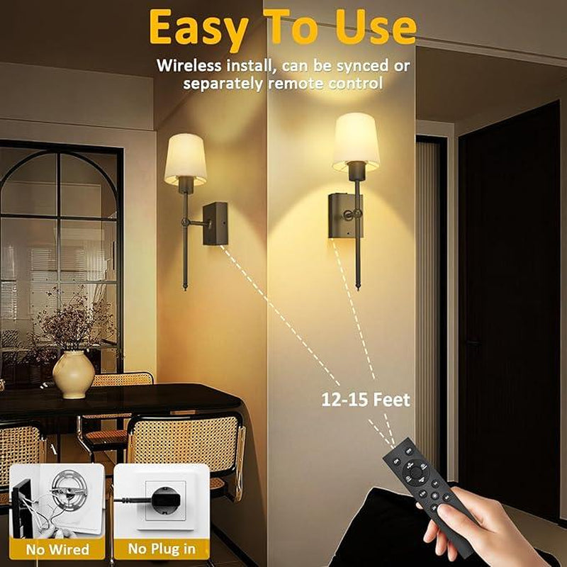 Remote-Controlled Wireless Wall Sconces, Rechargeable | Adjustable Brightness | Ambient Lighting, Set of 2 | White Fabric Shade, Indoor Wireless Lamp for Bedroom Living Room