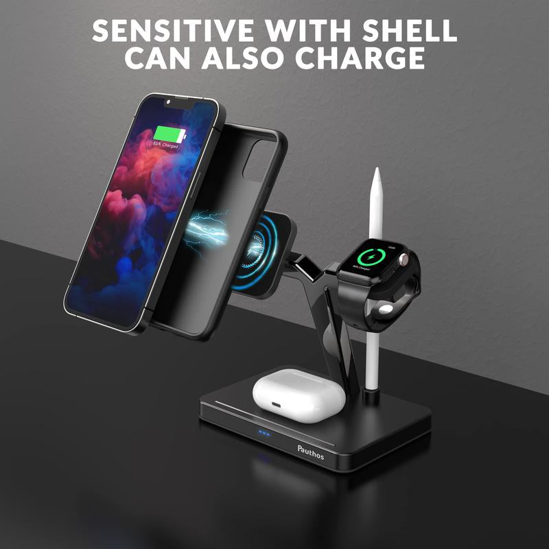 Magnetic Wireless Charger Compatible with Magsafe Charger, Pauthos 4 In1 Wireless Charging Station for Iphone12/13/Pro/Max/Mini, Charging Stand for Airpods Pro/2 & Apple Pen, Iwatch 7/6/SE/5/4/3/2