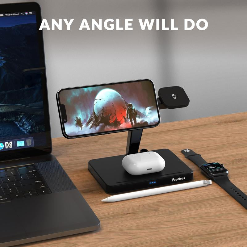 Magnetic Wireless Charger Compatible with Magsafe Charger, Pauthos 4 In1 Wireless Charging Station for Iphone12/13/Pro/Max/Mini, Charging Stand for Airpods Pro/2 & Apple Pen, Iwatch 7/6/SE/5/4/3/2