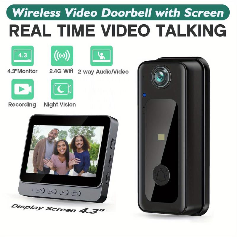 4.3 Inch IPS Screen Wireless Video Doorbell Camera, 2.4G Wireless Smart HD Video Monitoring Doorbell, Home Security Smart Doorbell Camera, Intercom, Safety, Modern