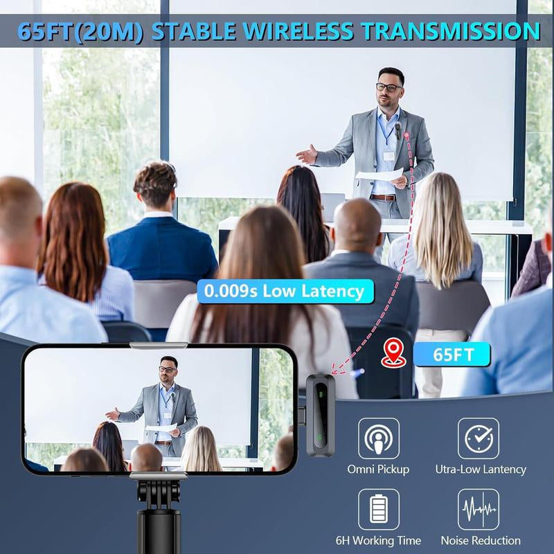 Wireless Microphone, Professional Wireless Microphone for Iphone & Android Phone, Lapel Mic for Video Recording, Teaching, Interviews, Podcast Equipment Kit, Rechargeable Lapel Mic