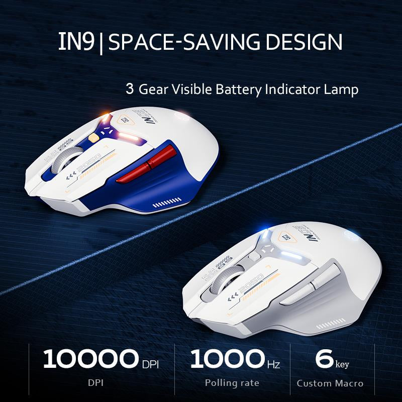 INPHIC IN9 Wireless Gaming Mouse, True Tri-Mode Bluetooth/Type-Cwired/2.4G Wireless Mouse, 10000 Dpl, Fully Programmable, RGB Backlit, Rechargeable Wireless Computer Mouse for Laptop PC Mac-White-Gray