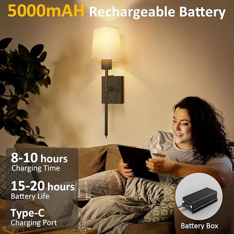 Remote-Controlled Wireless Wall Sconces, Rechargeable | Adjustable Brightness | Ambient Lighting, Set of 2 | White Fabric Shade, Indoor Wireless Lamp for Bedroom Living Room