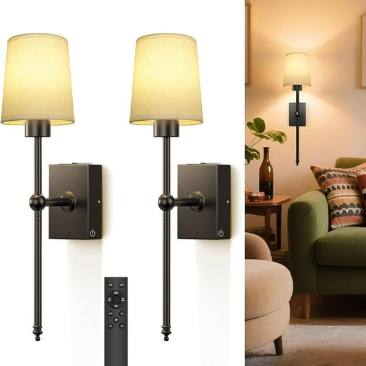 Remote-Controlled Wireless Wall Sconces, Rechargeable | Adjustable Brightness | Ambient Lighting, Set of 2 | White Fabric Shade, Indoor Wireless Lamp for Bedroom Living Room
