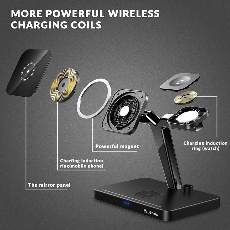 Magnetic Wireless Charger Compatible with Magsafe Charger, Pauthos 4 In1 Wireless Charging Station for Iphone12/13/Pro/Max/Mini, Charging Stand for Airpods Pro/2 & Apple Pen, Iwatch 7/6/SE/5/4/3/2