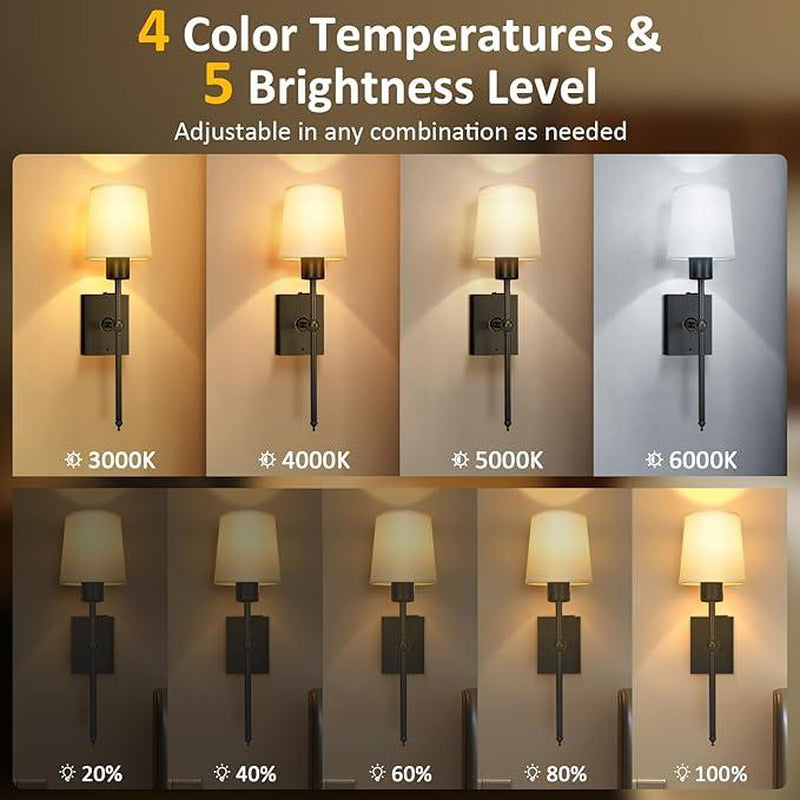 Remote-Controlled Wireless Wall Sconces, Rechargeable | Adjustable Brightness | Ambient Lighting, Set of 2 | White Fabric Shade, Indoor Wireless Lamp for Bedroom Living Room