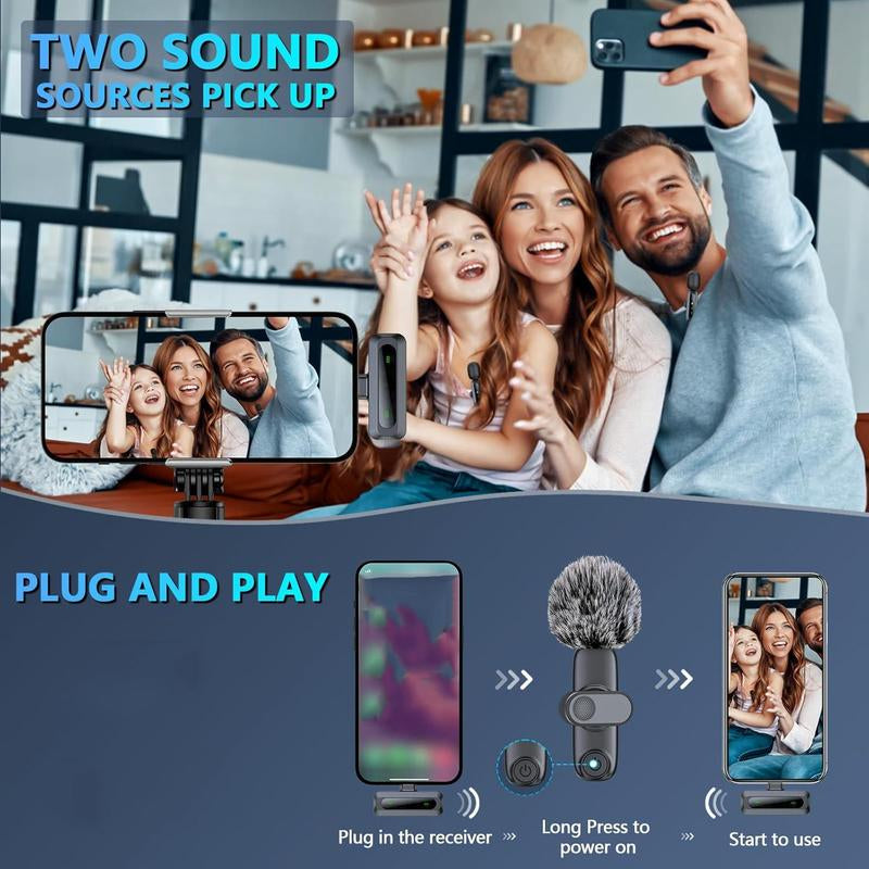 Wireless Microphone, Professional Wireless Microphone for Iphone & Android Phone, Lapel Mic for Video Recording, Teaching, Interviews, Podcast Equipment Kit, Rechargeable Lapel Mic