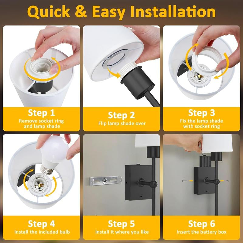 Remote-Controlled Wireless Wall Sconces, Rechargeable | Adjustable Brightness | Ambient Lighting, Set of 2 | White Fabric Shade, Indoor Wireless Lamp for Bedroom Living Room